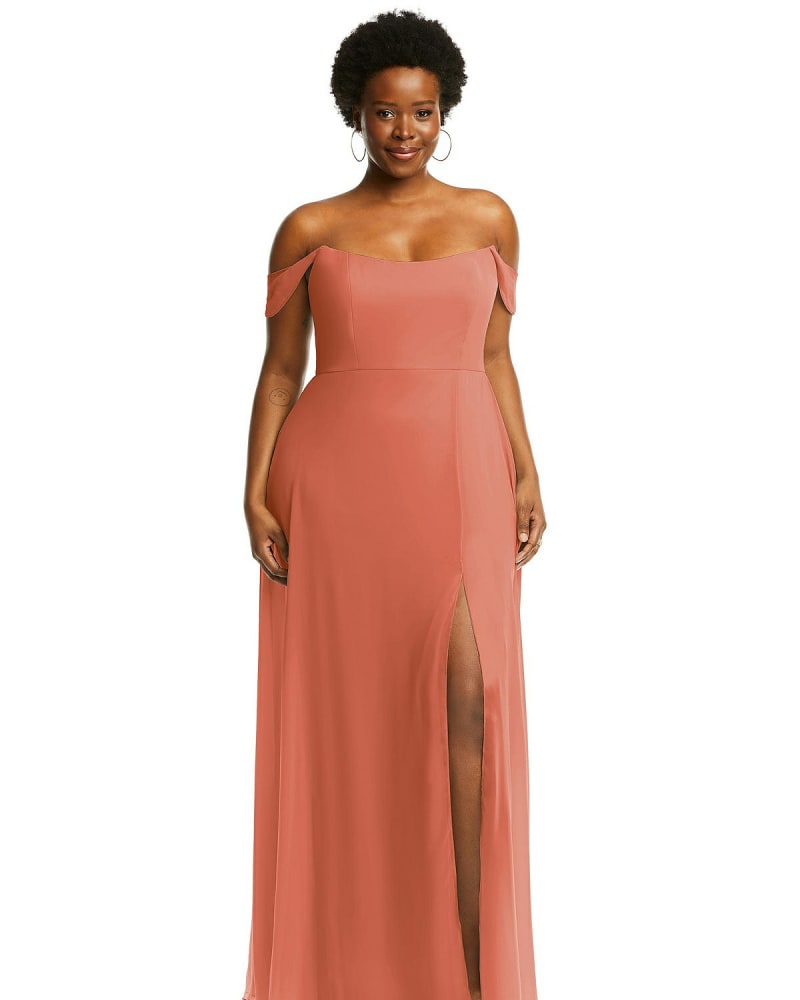 Front of a model wearing a size 20W Off-the-Shoulder Basque Neck Maxi Dress with Flounce Sleeves in Terracotta Copper by After Six. | dia_product_style_image_id:267002